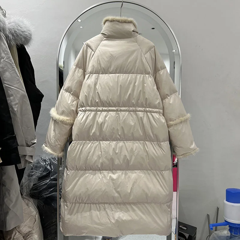 Patchwork luxury Mink Women Hair Long Jacket New Casual Style Autumn Winter White Duck Down Coats And Parkas Female Outwear