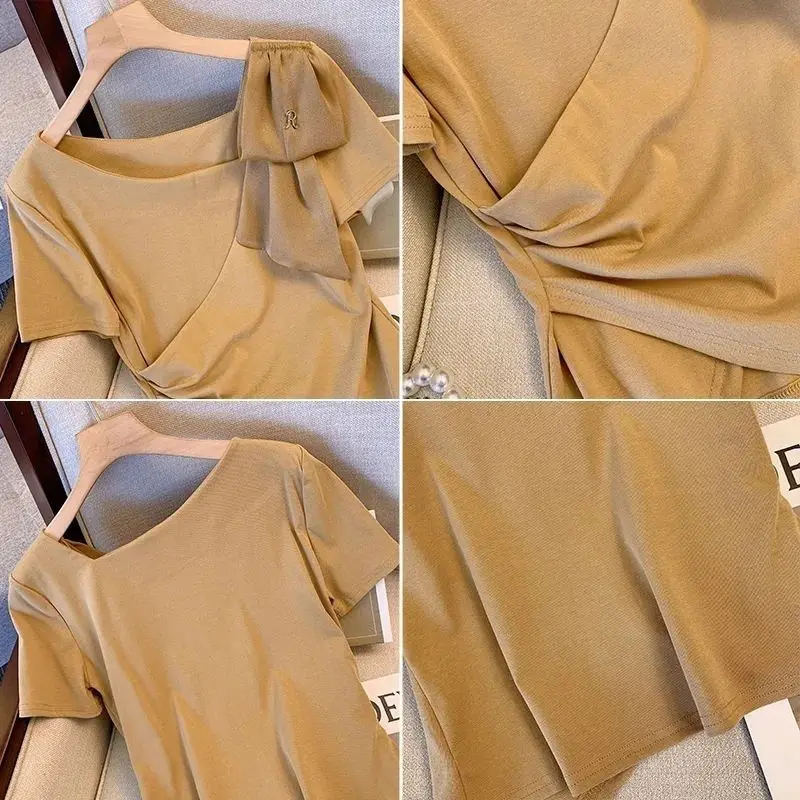 Oblique Collar Short-sleeved T-shirt Female Summer New Large Size Fat Mm Thin Temperament Tops Shirts for Women Gothic