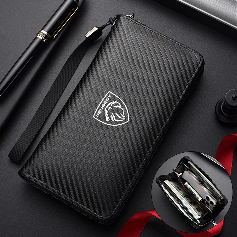 Men Business Long Wallet Carbon Fibre Coin Purse Key Holder Bank Card Bag For Peugeot 206 207 208 407 508 2008 5008 607 108 807