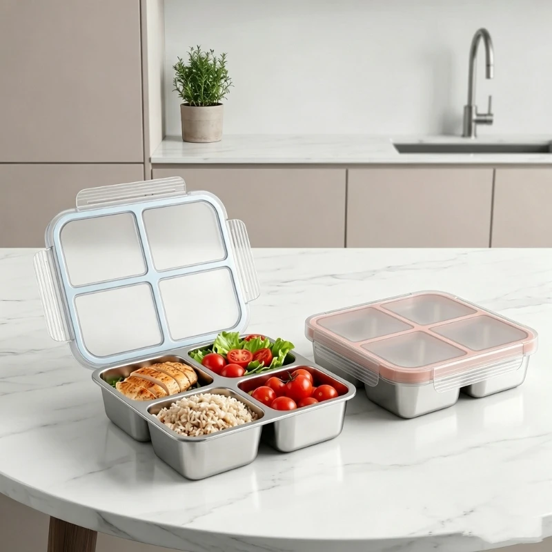 547F Sectioned Lunch Container with Metal Tray and Clear Lid, 4 Compartment Box for Office Meals and Daily Use
