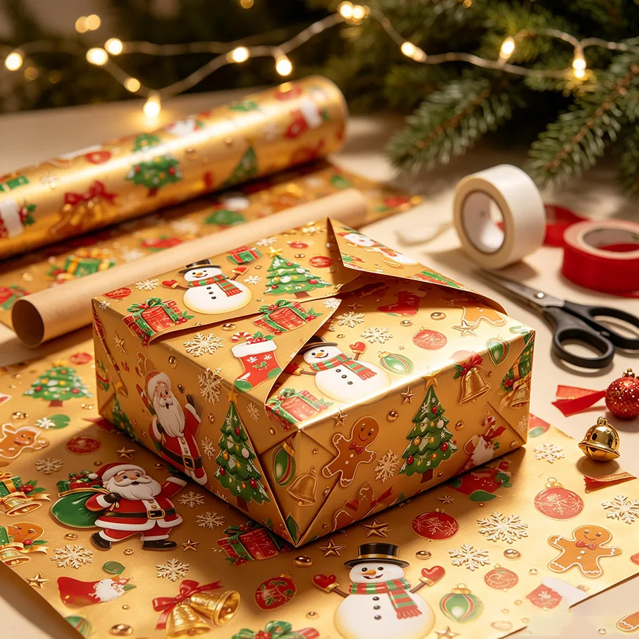 1/2/4Rolls Large Christmas Wrapping Paper Roll Gold Tree Santa Snowman Stocking Gift Box Packing for Holiday Party Home Decor