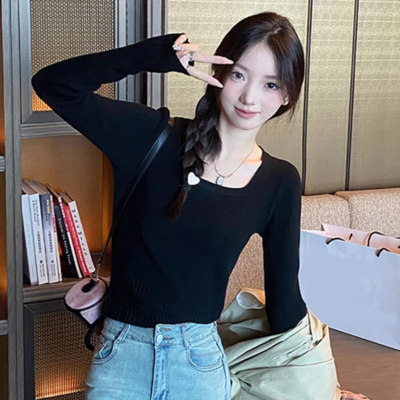 Autumn Winter Korean Solid Color Square Neck Long Sleeve Slim Knitted Sweater For Women