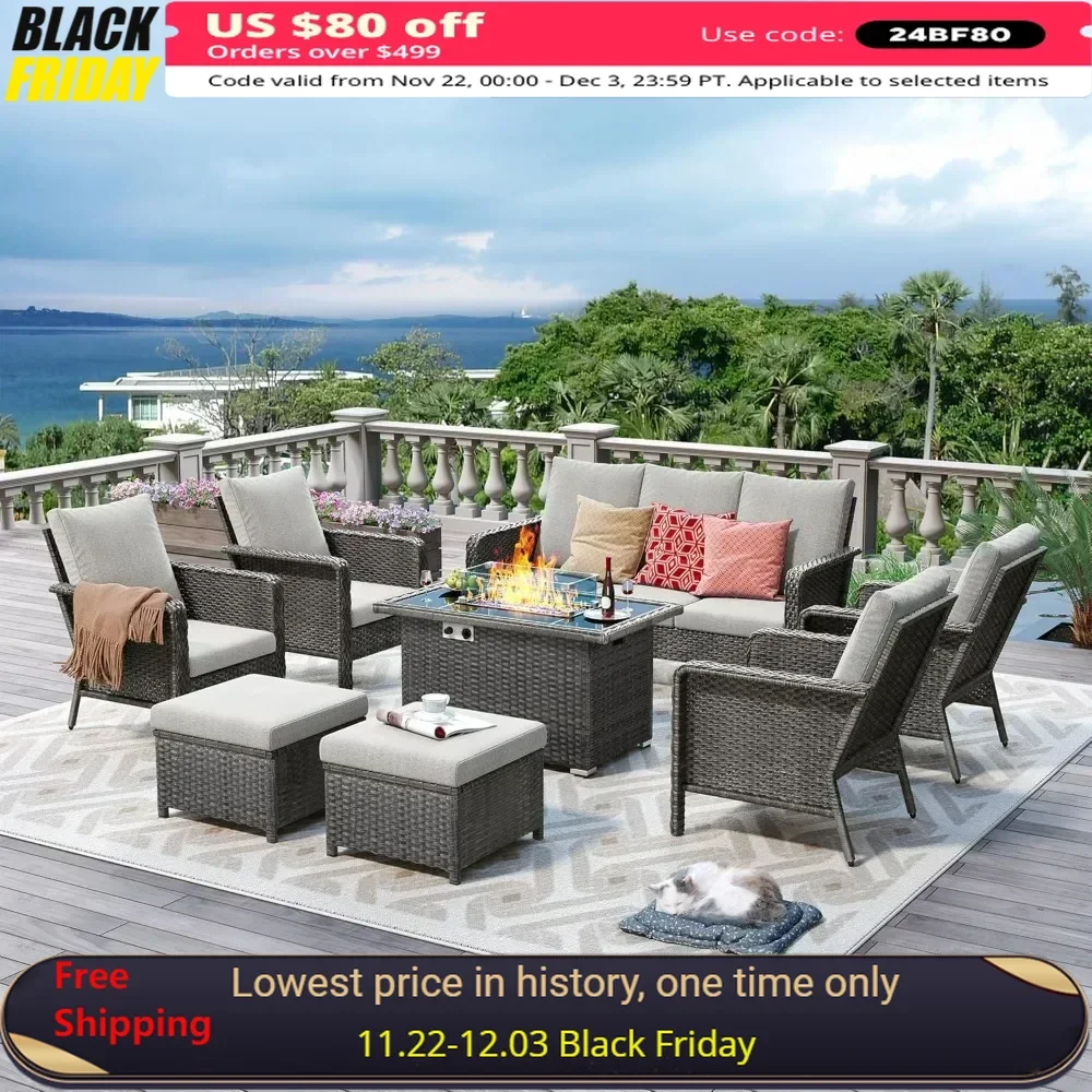 

Outdoor Patio Furniture Set with 44" Gas Fire Pit Table - Cushioned Seat Couch - 9 Seats Outdoor Sectional Chair Sofa Set