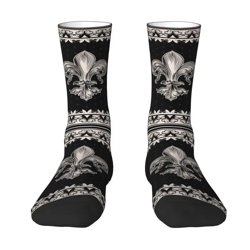 Custom Vintage Fleur De Lis Black And Cream Dress Socks Men's Women's Warm Fashion Luxury Lily Flower Crew Socks