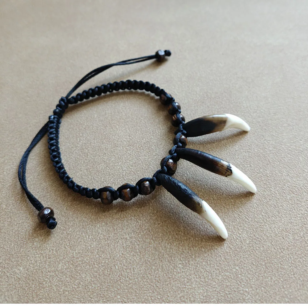Pulseira de Osso Natural 1PC, Pulseira de Contas de Madeira, Pulseira de Unha para Homens, Joias Tribais Primitivas, Pulseira de Dente de Lobo