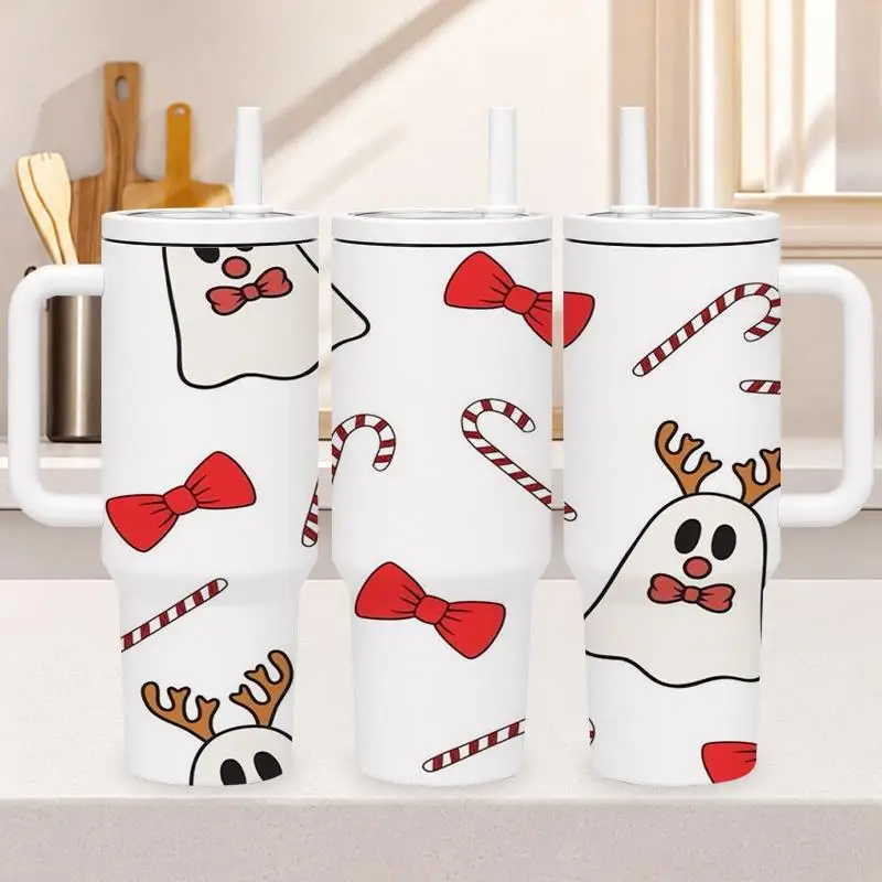 1pc 40oz 304 Stainless Steel Hand-held Cup Cute Christmas Snowman Reindeer Candy Cane Red Bow Tie Pattern Insulated Tumbler with Handle And Straw for Home Office Car Travel Suitable Gifts for Halloween Christmas And Other Special Festivals