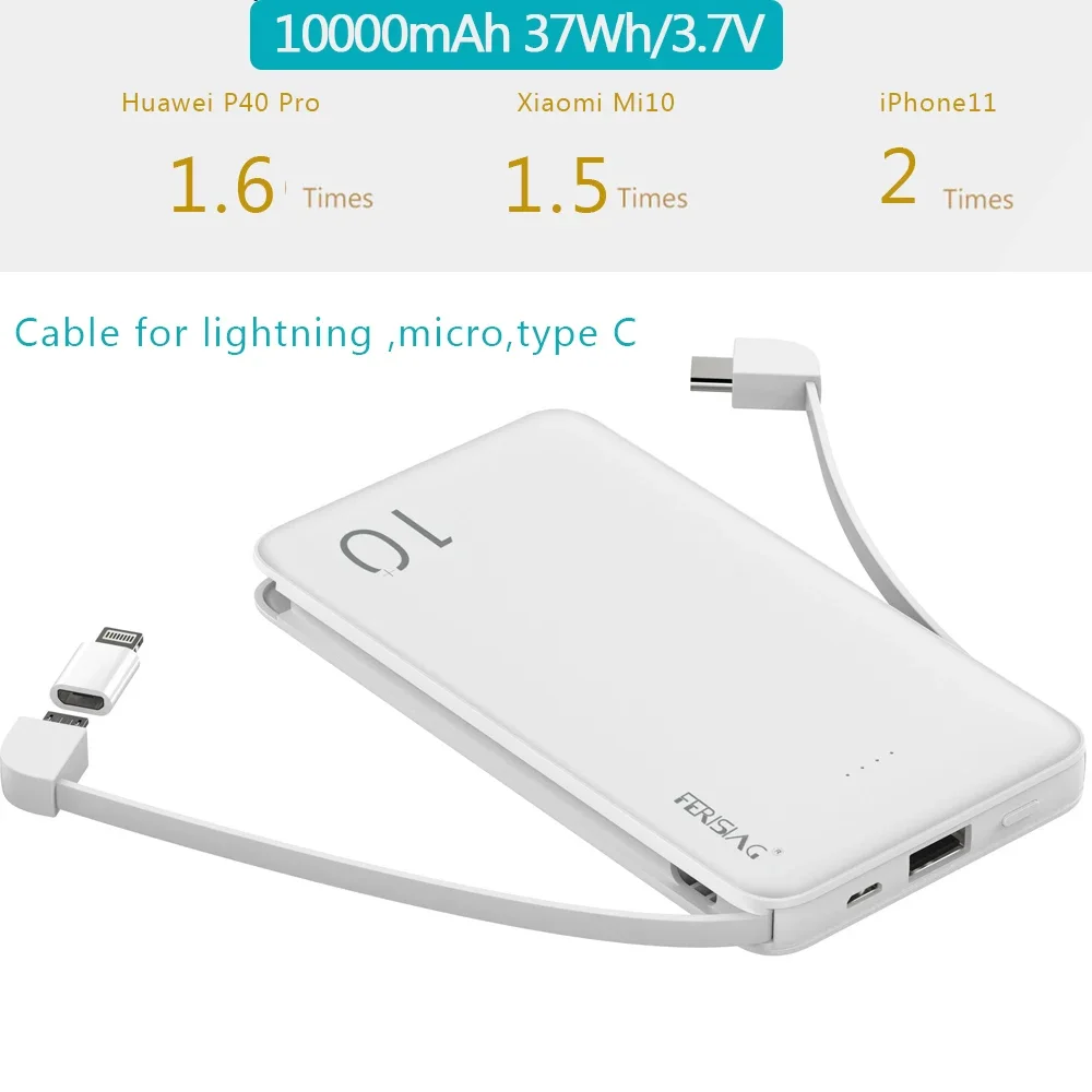 FERISING With Cable Power Bank 10000mAh USB Portable Charger PowerBank External Battery Charging Pack For iPhone Samsung Xiaomi