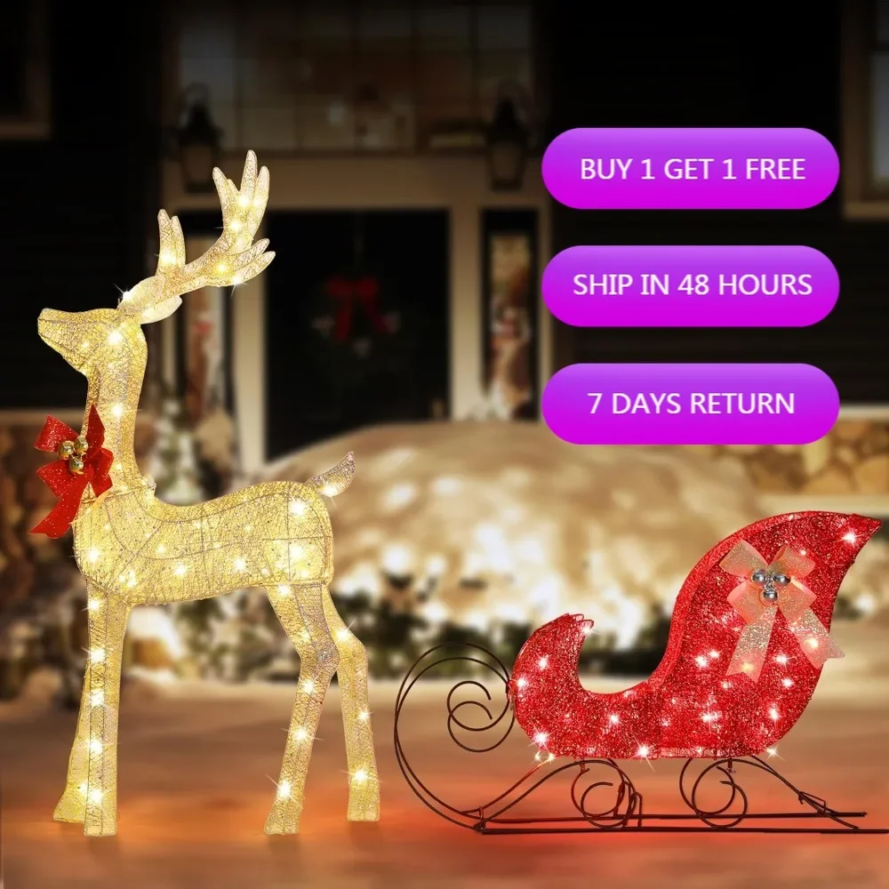 

Glittering 3D Gold Deer and Red Sleigh Christmas Outdoor Decoration Set with 160 LEDs for Holiday Yard