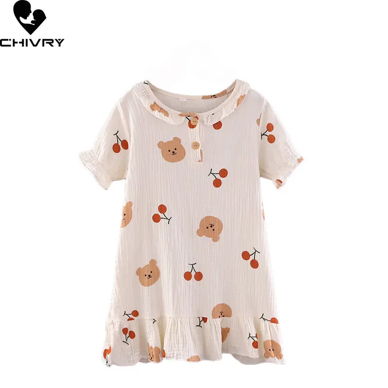 New 2023 Girls Sweet Nightgowns Summer Thin Short Sleeve O-neck Cartoon Bear Heart Sleepwear Baby Girl Casual Sleeping Dress