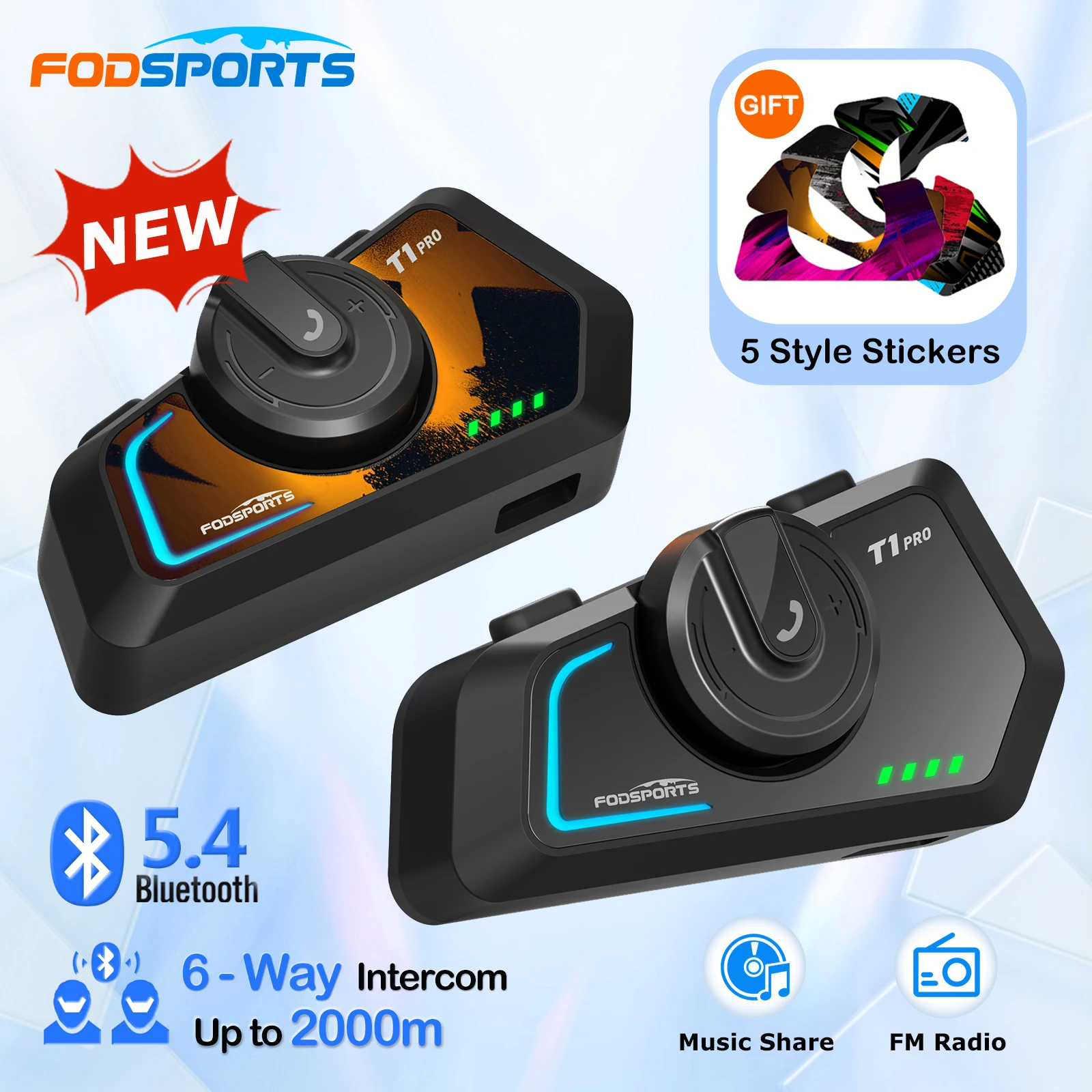2 pçs fodsports t1 pro motocicleta interfone 6 pilotos fone de ouvido capacete bluetooth, bt5.4, compartilhar música, rádio fm, 5 adesivos