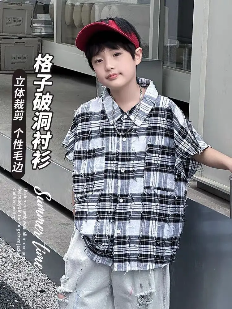 Boys' Shirt Summer New Checkered Clothes Children's Sleeveless Shirt Korean Edition Loose Top