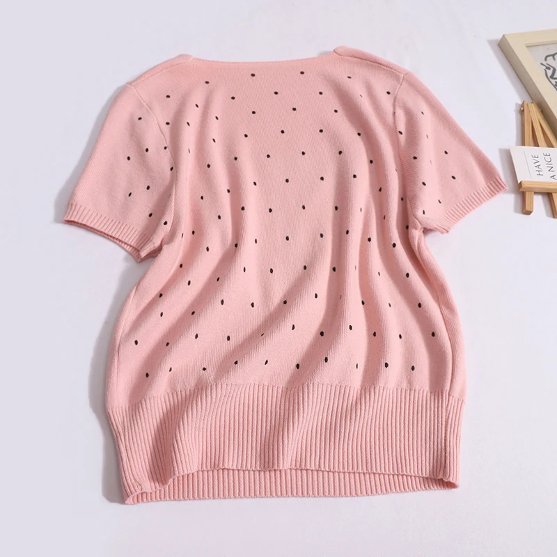 Women 2024 Sweet Dot Square Neck T-shirt Summer Loose Short Sleeved Knit Tops New Versatile Worn Outside Thin Rib Bottom Shirt