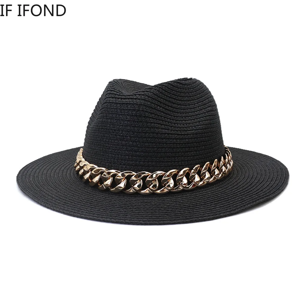 Fashion Gold Chain Belt Panama Straw Hats For Women Summer Breathable Beach Sun Hats Elegant Ladies Party Jazz Hat