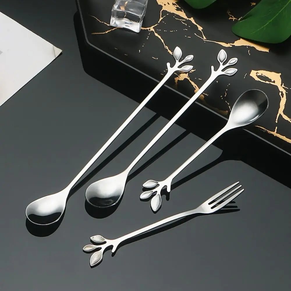 Stainless Steel Water Cup Stirring Spoons Leaf Shape Golden Silver Coffee Spoon Dinnerware Long Handled Grapefruit Spoons Fork