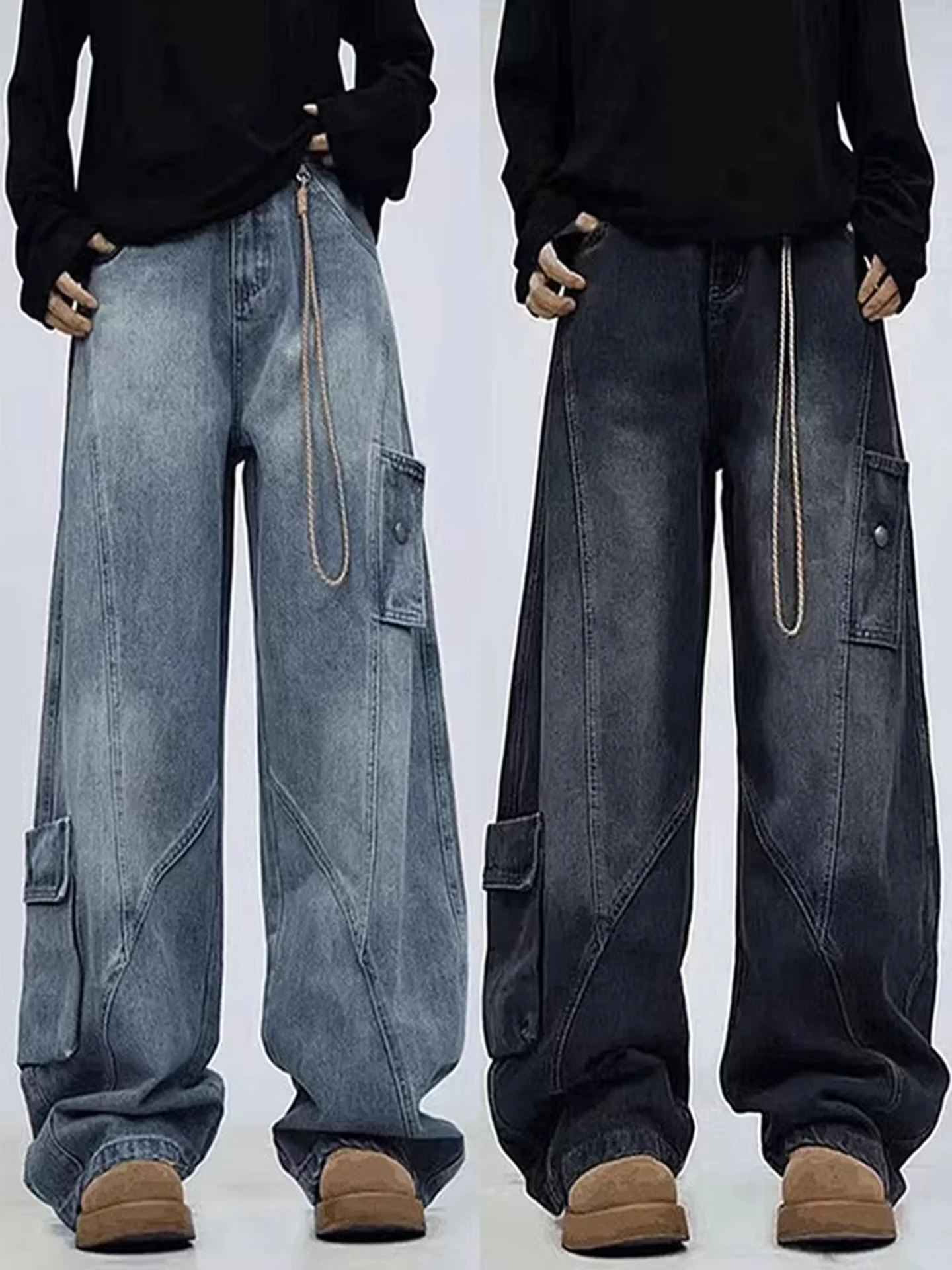 

American Retro Thickened Fleece Wide Leg Jeans Men's High Waist Straight Tube Casual Comfortable Workwear Design Multi Pockets