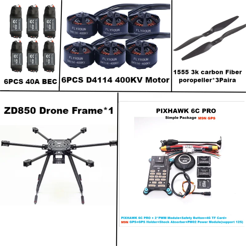 ZD850 6C PRO M9N Full Carbon Fiber 850mm Hexa-Rotor Frame BLHELI 40A ESC  Flight Comtrol Rado Telemetry Set