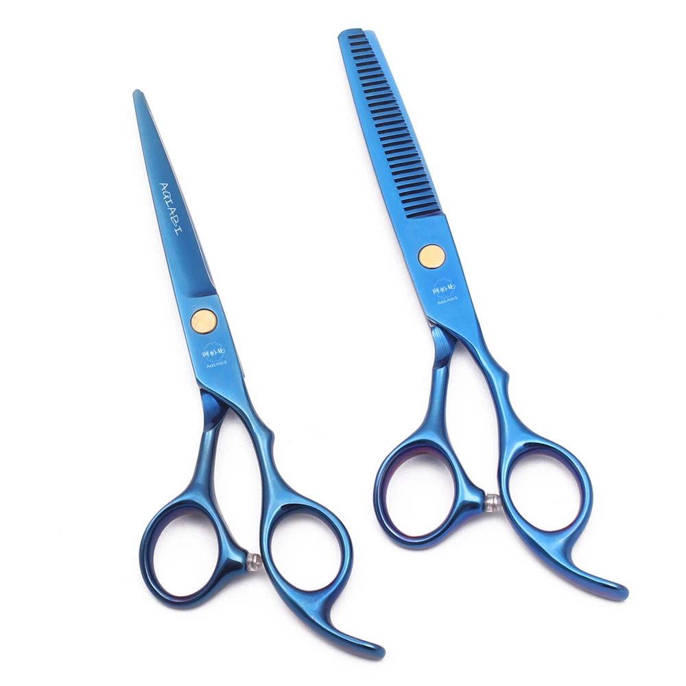 Friseurscheren 5,5" 6" AQIABI Japan Edelstahl Effilierscheren Friseursalon Haarscheren Blaue Haarschneidescheren A1005 – Detail 6