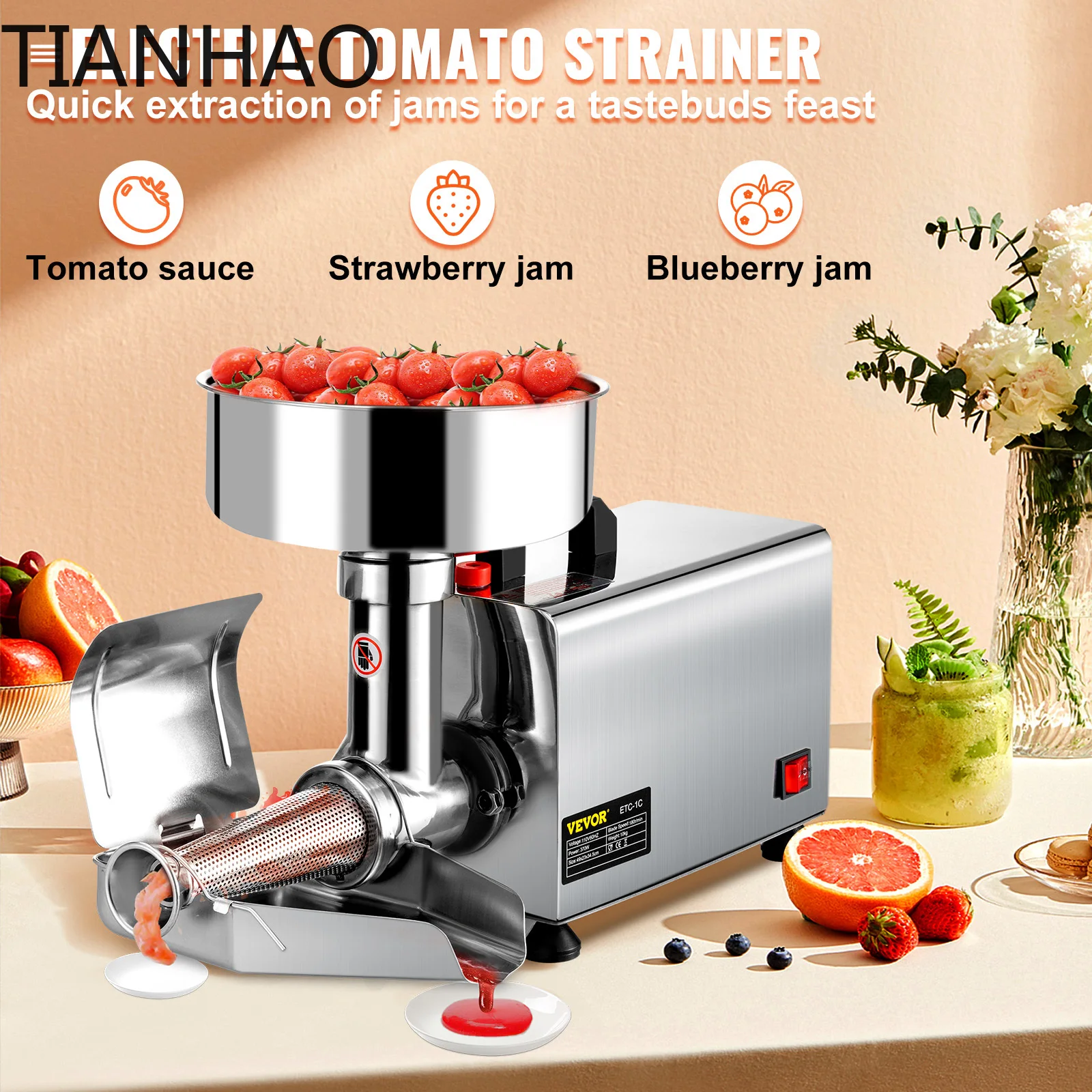 SucceBuy Electric Tomato Strainer 370W Commercial Grade Tomato Milling Machine Stainless Steel Press and Strainer 90-160 Kg/H