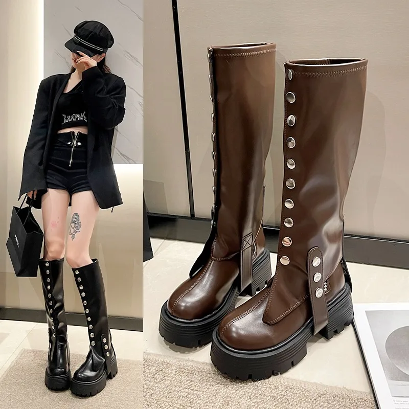 Brand Women Shoes 2023 Winter Plush Warm Women's Rider Boots New Design Chunky Heel Platform Brown Long Boots Zapatos De Mujer