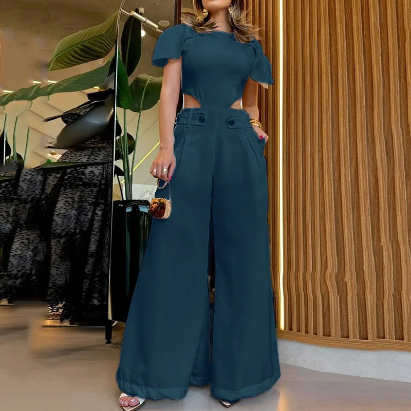 New Sexy Wide Leg Pants Set For Women Fashion Solid Color Female Trousers Cut Out High Street Ladies Overalls Clothing