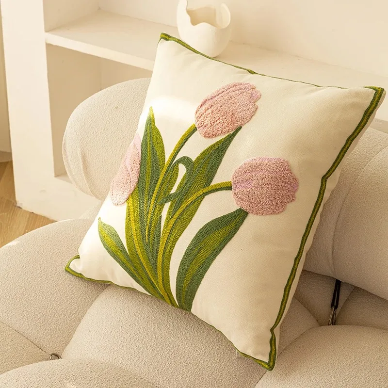 Pure Cotton Embroidery Tulip Spring Throw Pillow Covers Outdoor Patio Cushion Cover Pillow Cases Summer Garden Decorations Home