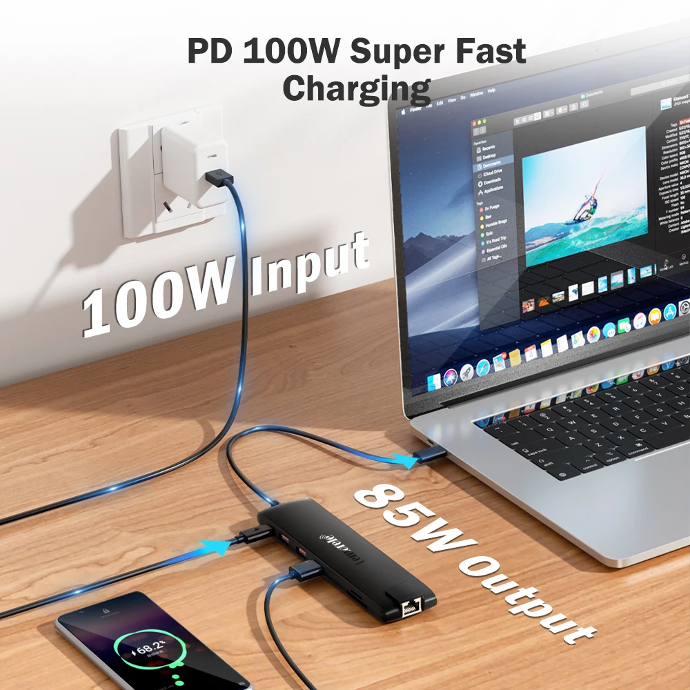 Lemorele TC96 USB Hub 3.0 محطة إرساء Type-C إلى 4K HDMI RJ45 PD 100W 3.5mm SD & TF USB 3.1 لأجهزة الكمبيوتر المحمول windows MacOS lenovo #3
