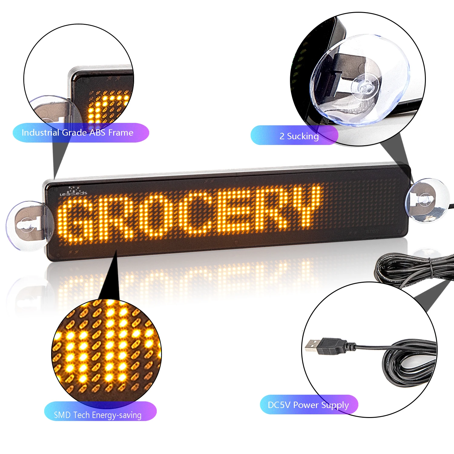 23CM Led Car Sign Bluetooth APP Programmable Scrolling Message Led Display Board for Car Rear Window Suction Cups DC5V USB Cable