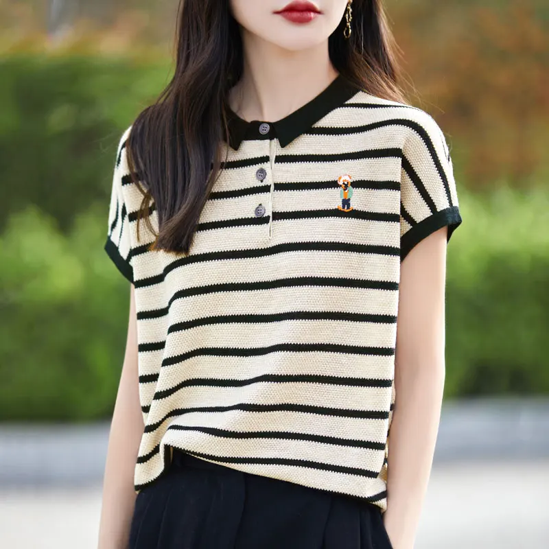 Summer New Knitted Short Sleeved Women's Doll Neck With Fine Lmitation Wool Loose Embroidered Stripes Temperament Short Sleeves