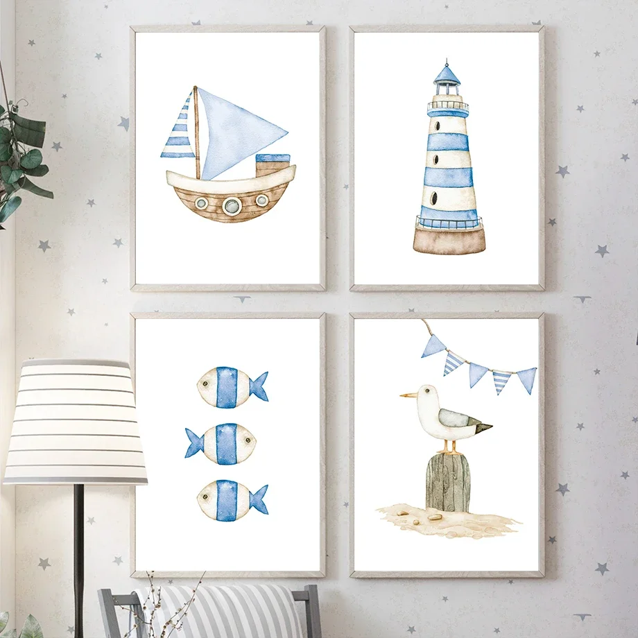 Pósteres y cuadros náuticos de veleros, faroles y peces para habitación infantil, pintura en lienzo, imágenes de arte de pared nórdico, decoración para habitación de bebés y niños