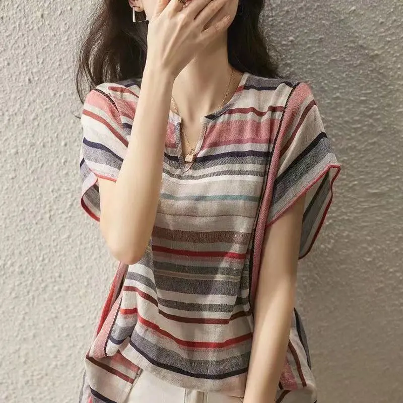 

Vintage Printed V-Neck Batwing Sleeve Striped Blouse Women's Clothing 2023 Summer New Casual Pullovers Korean Short Sleeve Shirt