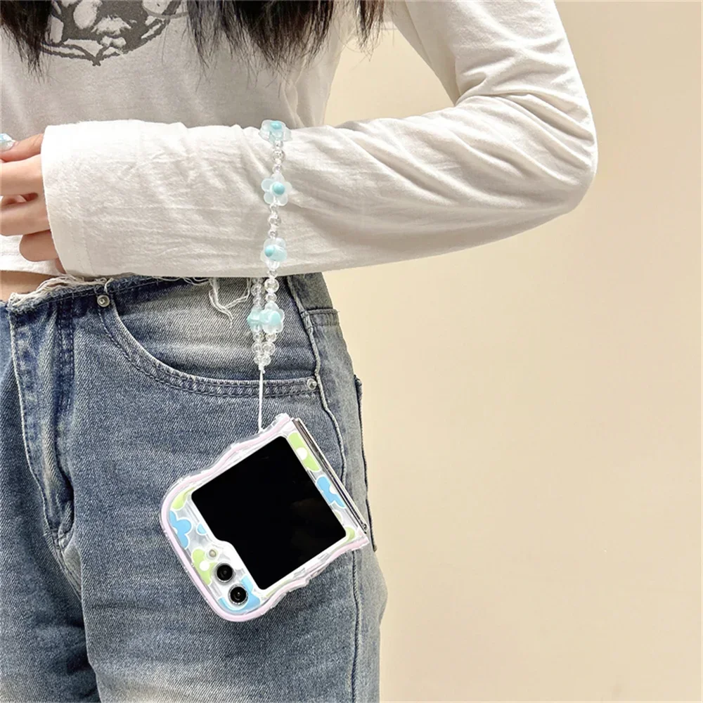 Phone Case For Cartoon Flower Bracelet Wave Lanyard Case Samsung Galaxy Zflip 5 4 3 Flip5 Flip4 Flip3 Colorful Wrist Chain Clea