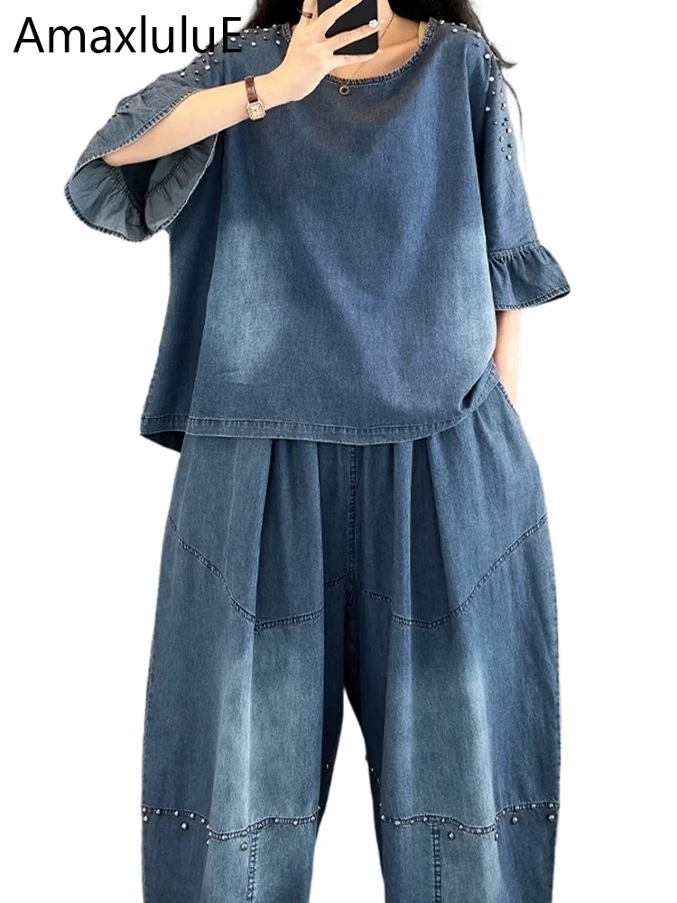 

Amax LuluE 2026 Summer Women Fashion Rivet Denim Suits Denim 2 Pieces Loose Tops Tees Casual Pants Classic Jeans Vintage Outfits