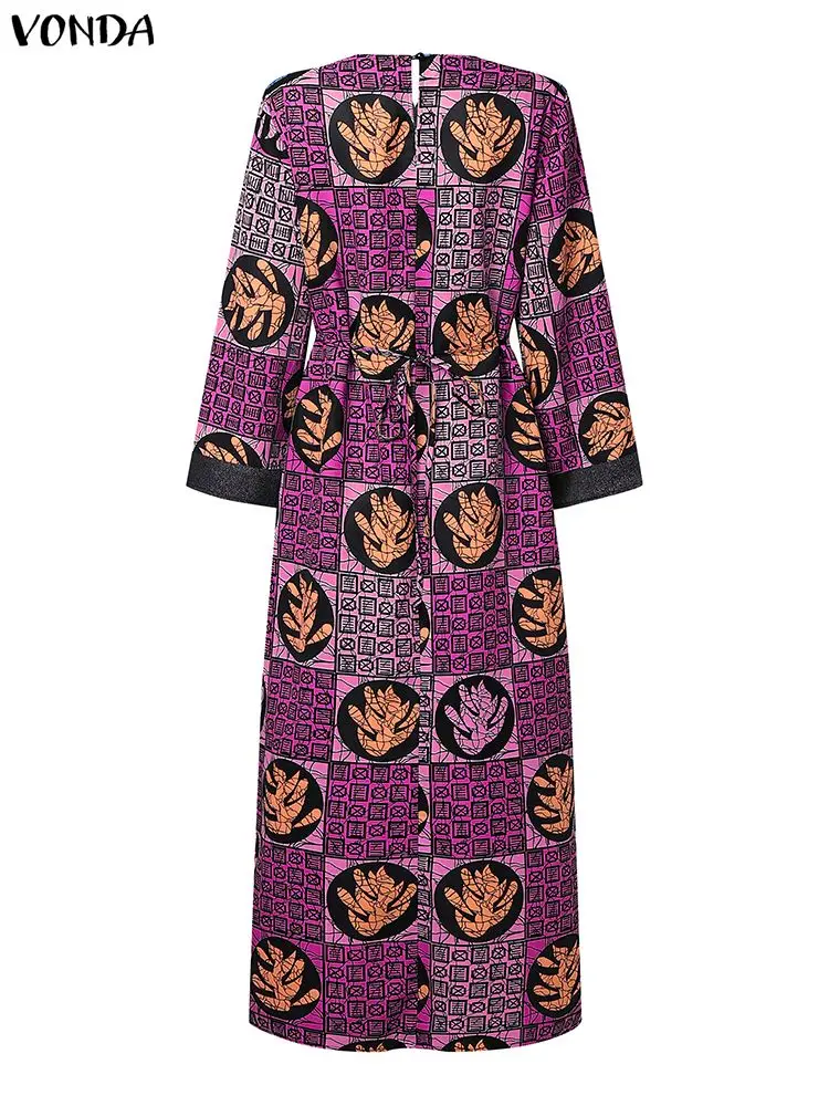 Vonda plus size 5xl vintage impressão vestidos femininos manga longa casual boêmio maxi vestido de verão moda com decote em v oversized festa robe