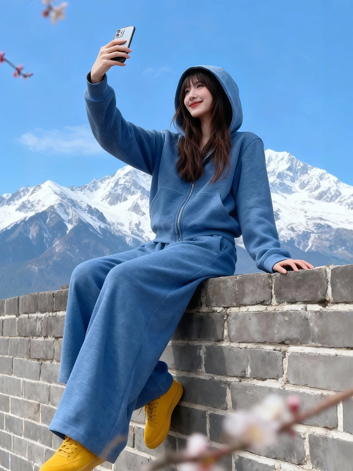 

Синий комплект толстовки с капюшоном, женская повседневная свободная верхняя одежда, широкие брюки с высокой талией, комплект из двух предметов, антивозрастной осень-зима