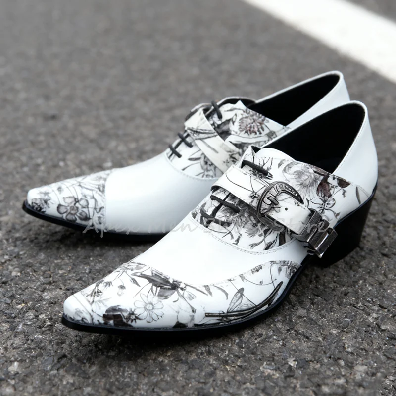 Vintage White Pointed Toe Floral Print Brogues Lace Up Handmade Dress Shoes Men's Buckle Strap Casual Business Oxford Shoes