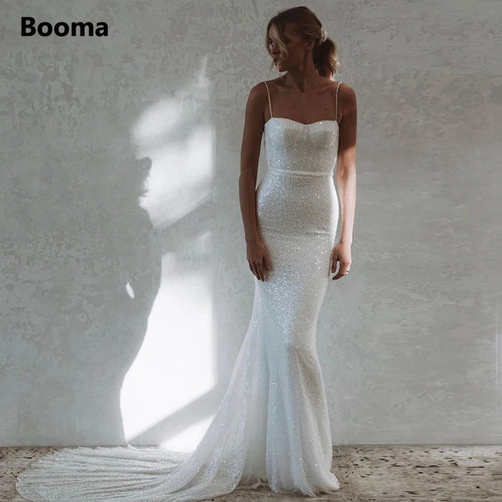 Booma Simple Sequin Lace Mermaid Wedding Dresses Sweetheart Spaghetti Straps Fit and Flare Bridal Gowns Trumpet Bride Dresses