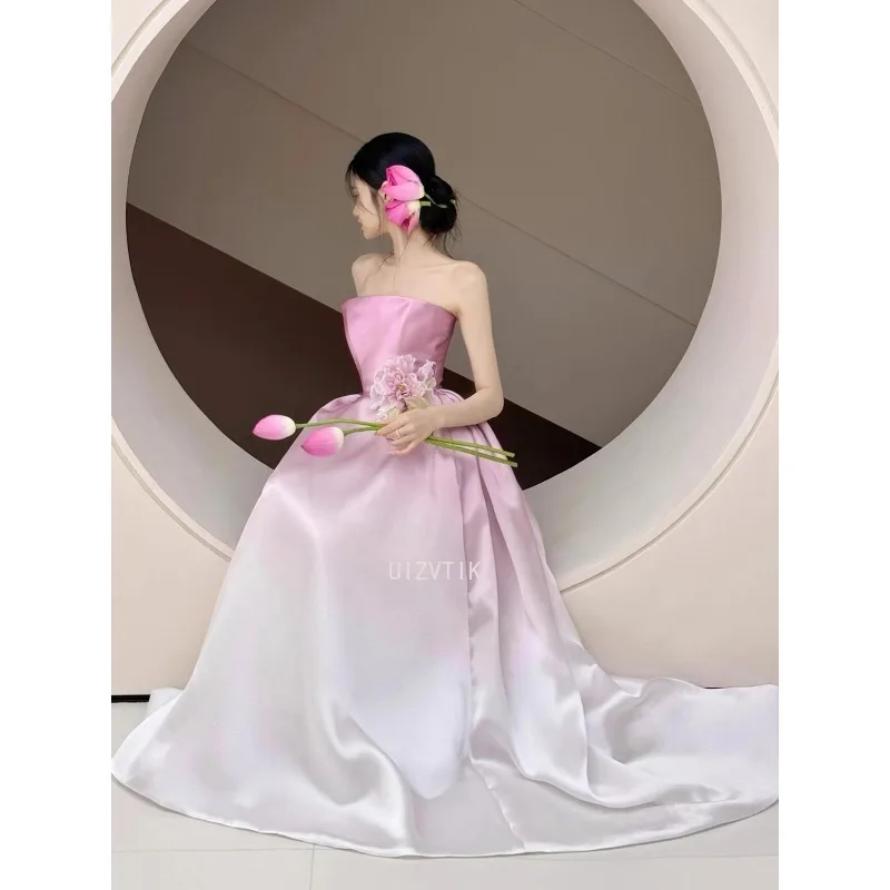 Gaun Pesta Malam Panjang Tanpa Tali Perancis Elegan Gaun Pengantin Mewah Ringan Wanita Gaun Perjamuan Pertunangan Pengantin Stiker 3D