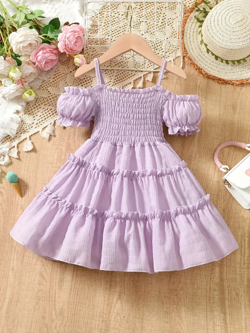 Girls Cold Shoulder Shirred Frill Trim Ruffle Hem Princess Dress For Party Beach Vacation Kids Summer Clothes