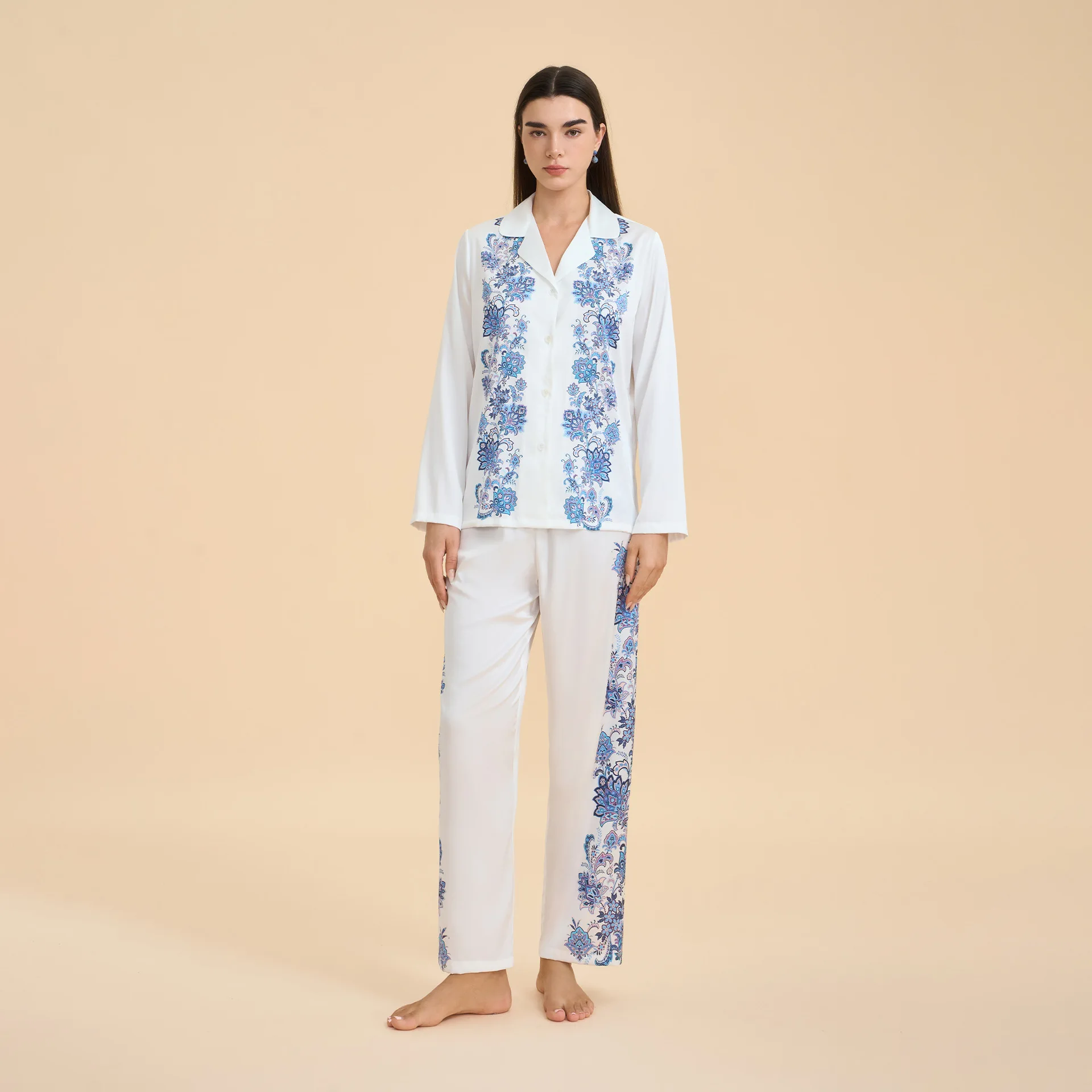 

Silky Rayon Long Sleeve Pajamas Trouser Suits Print Flower Sleepwear Lounge Wear Spring Autumn Nightwear Loose Homewear