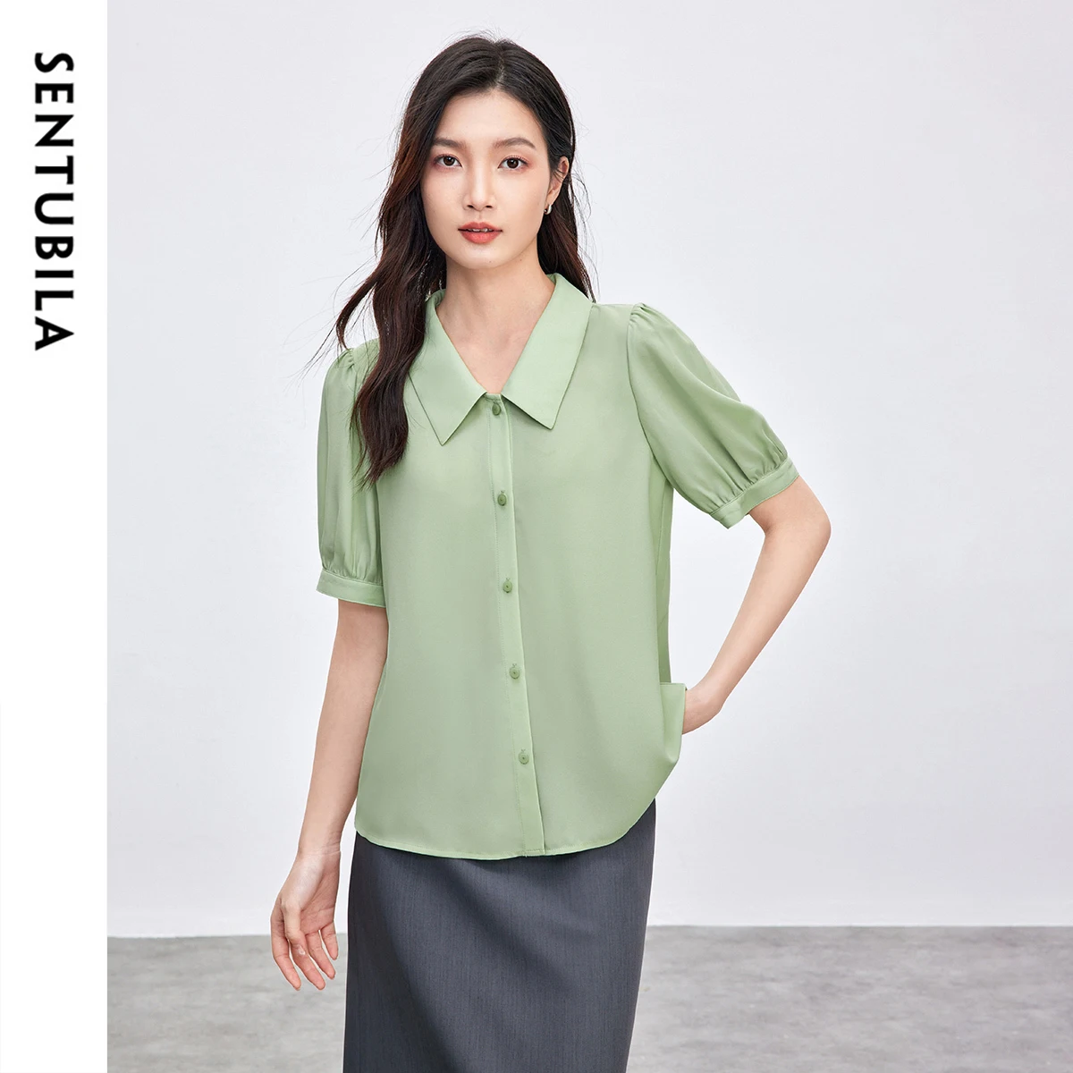 SENTUBILA Women's Puff Sleeve Blouse 2025 French Ruffle Tie Loose Green Short Sleeve Top for Office female Clothing 152C59366