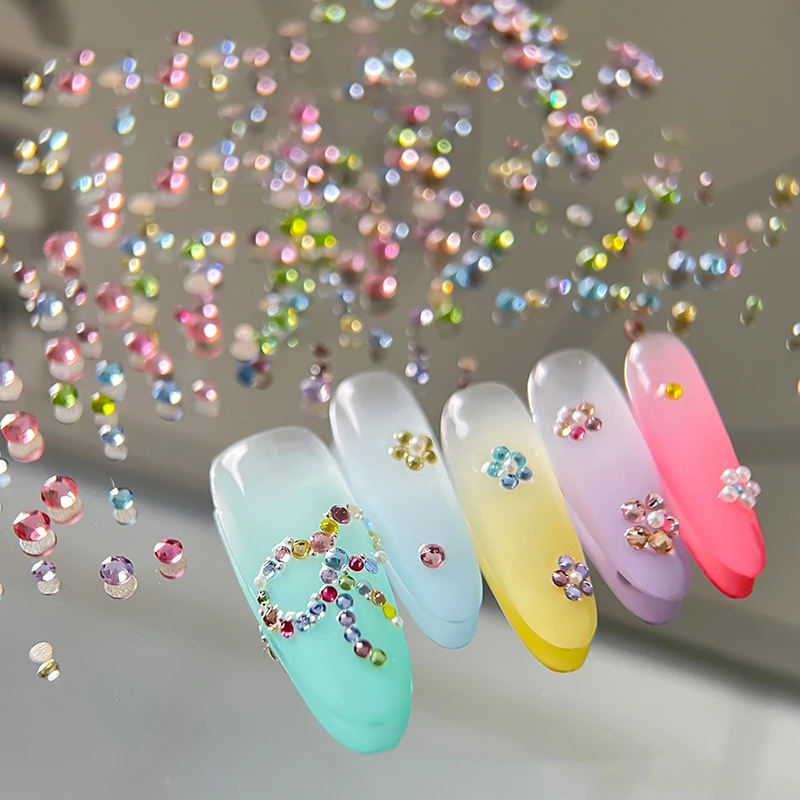 100Pcs Round Colorful Nail Rhinestones, Sparkling 3D Flatback Crystal Nail Gems, Nail Salon Decorations DIY Nail Art Supplie