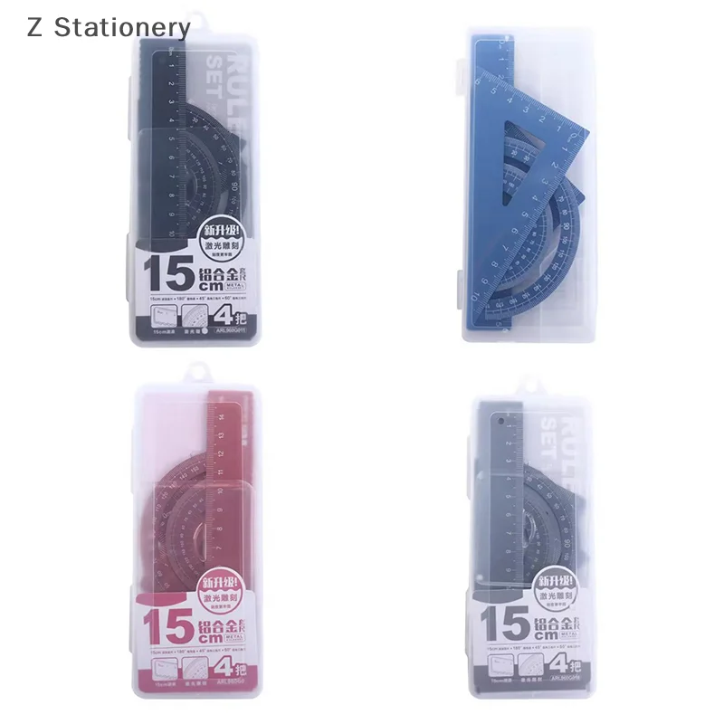 4Pcs/Set Aluminium Ruler Set Metal/Plastic/Soft Geometry Maths Drawing Compass Stationery Rulers Mathematical For School