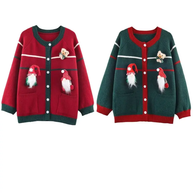 

Women's Festive Round Neck Single Button Detachable Doll Embellishment Christmas Knitwear Cardigan Coat