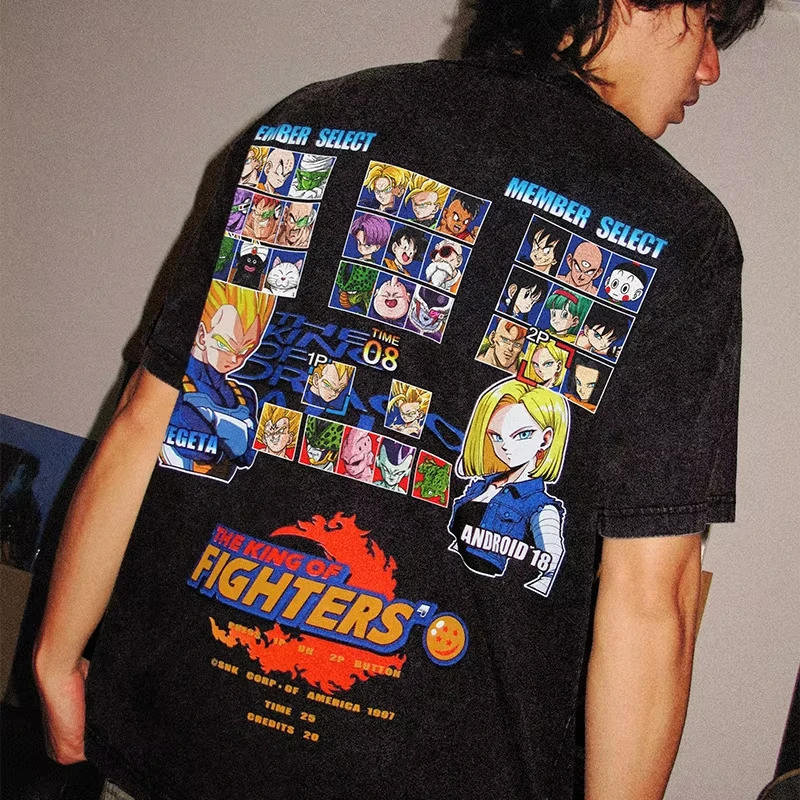 Dragon Ball le roi des combattants Joint jeu rétro Animation coton lavé col rond ample manches courtes T-shirt haut de rue