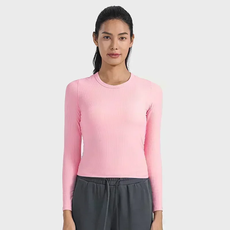 

Lemon All It Takes Ribbed Fabric Slim Elastic Sport Long Sleeve Shirts Women Breathable Quick Drying Running Fitness T-shirt Top