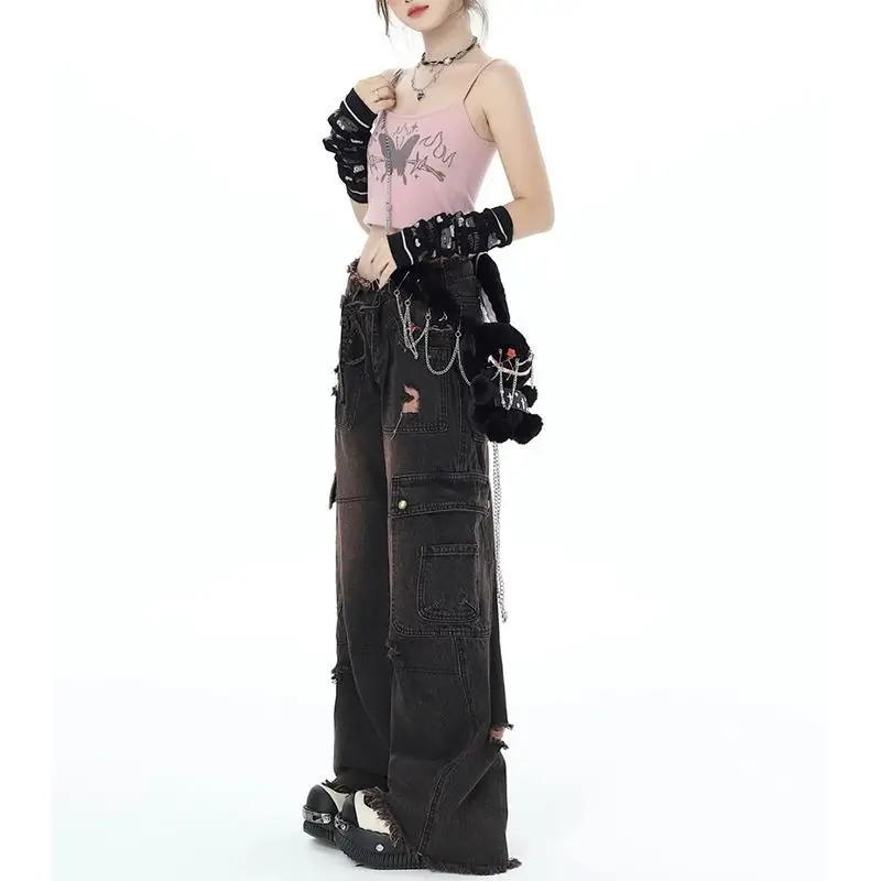 

Retro American High Street Workwear Sle Faded Straight Leg Jeans Women Early Spring Loose Slim Wide Leg Pants