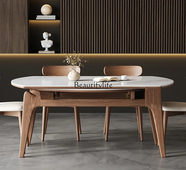 

Slate retractable solid wood dining table Small apartment solid wood round cat ear dining table