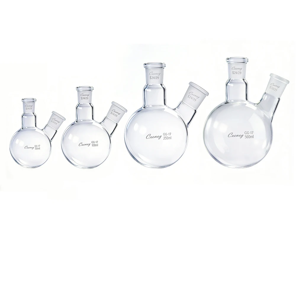 Kolba szklana okrągłodonna dwuszyjna o pojemności 50ML-500ML, wykonana z wysokiej jakości szkła borokrzemianowego, kolba reakcyjna, materiały laboratoryjne chemiczne. — zdjęcie produktu 2