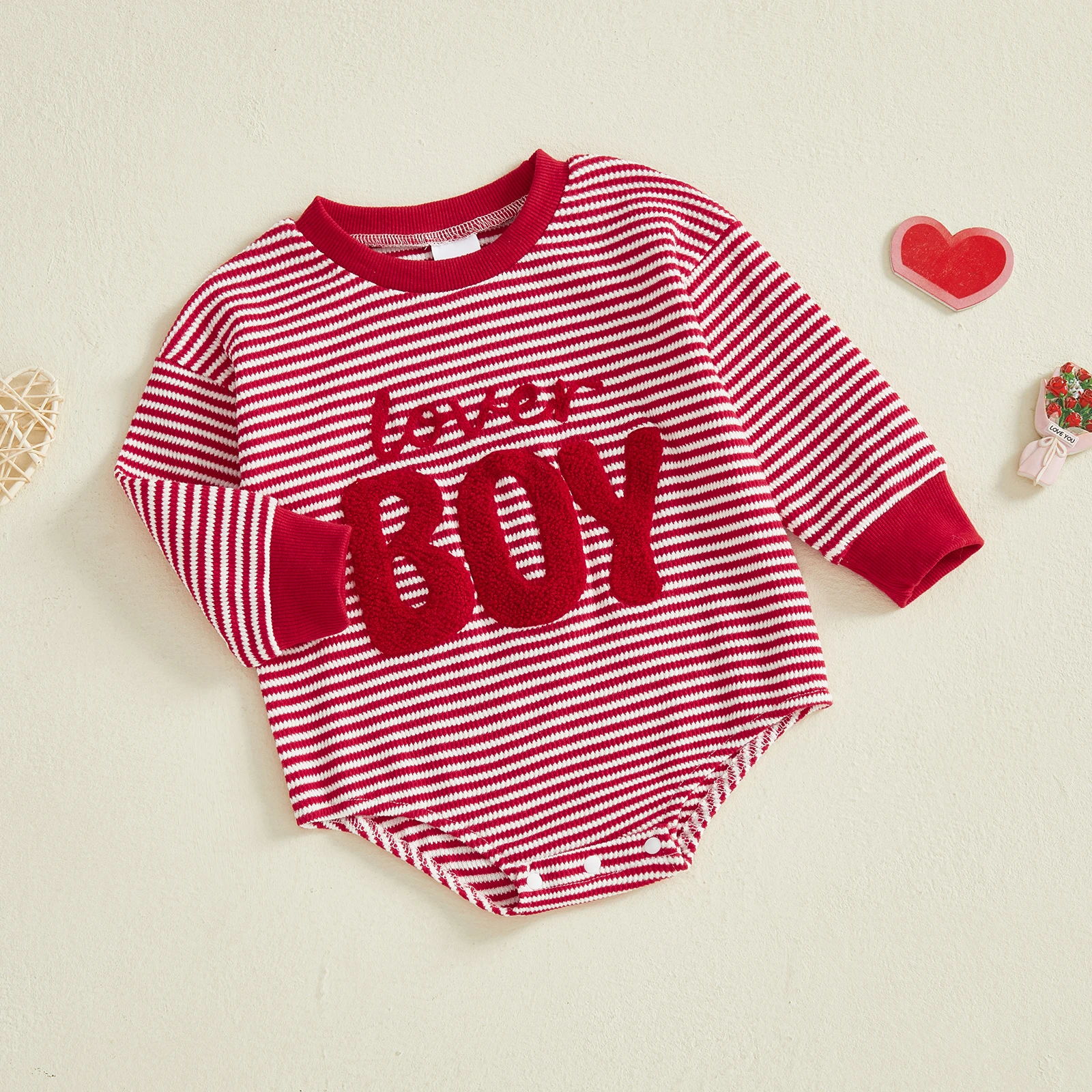 

Baby Boy Valentine's Day Romper Long Sleeve Round Neck Letter Embroidery Stripe Jumpsuit
