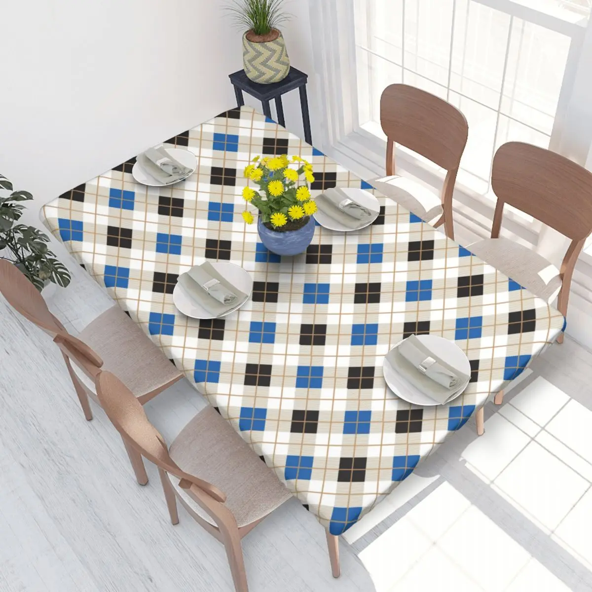 Custom Black And Blue Argyle Pattern Tablecloth Rectangular Waterproof Table Cover Cloth for Dining Room 4FT